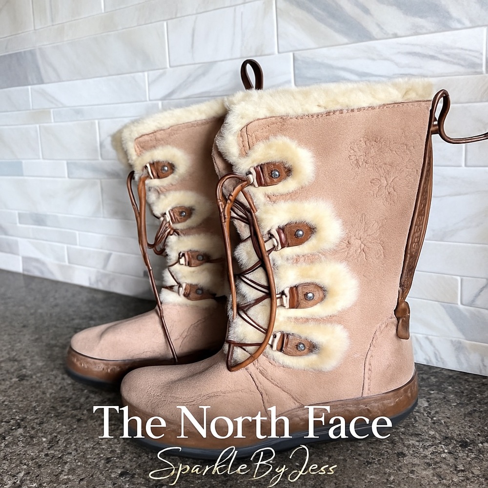 The North Face Women's Light Pink/Tan Shearling Lace-Up Winter Boots
